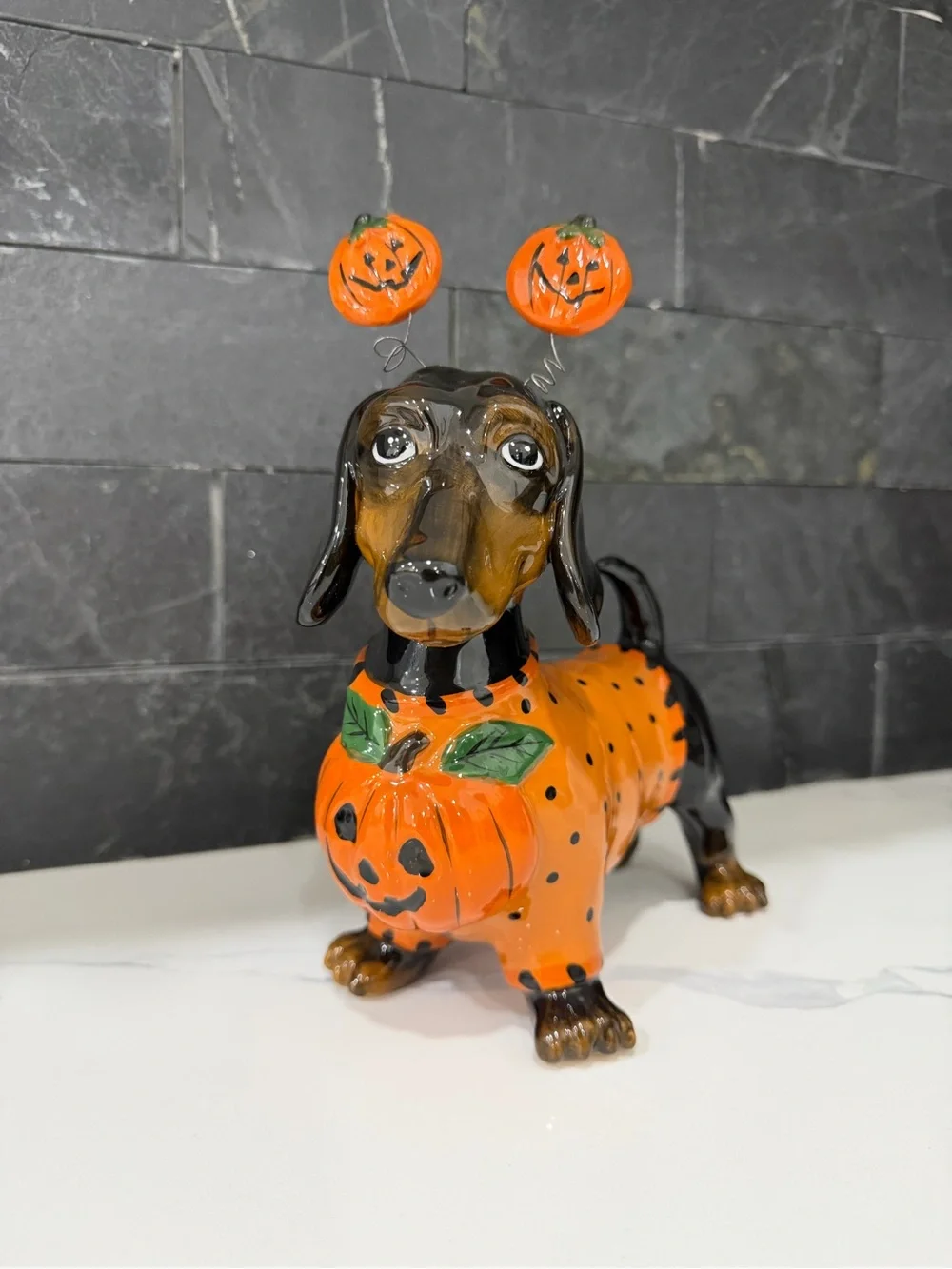 Halloween Dachshund Dog Figurine - Orange Pumpkin Costume